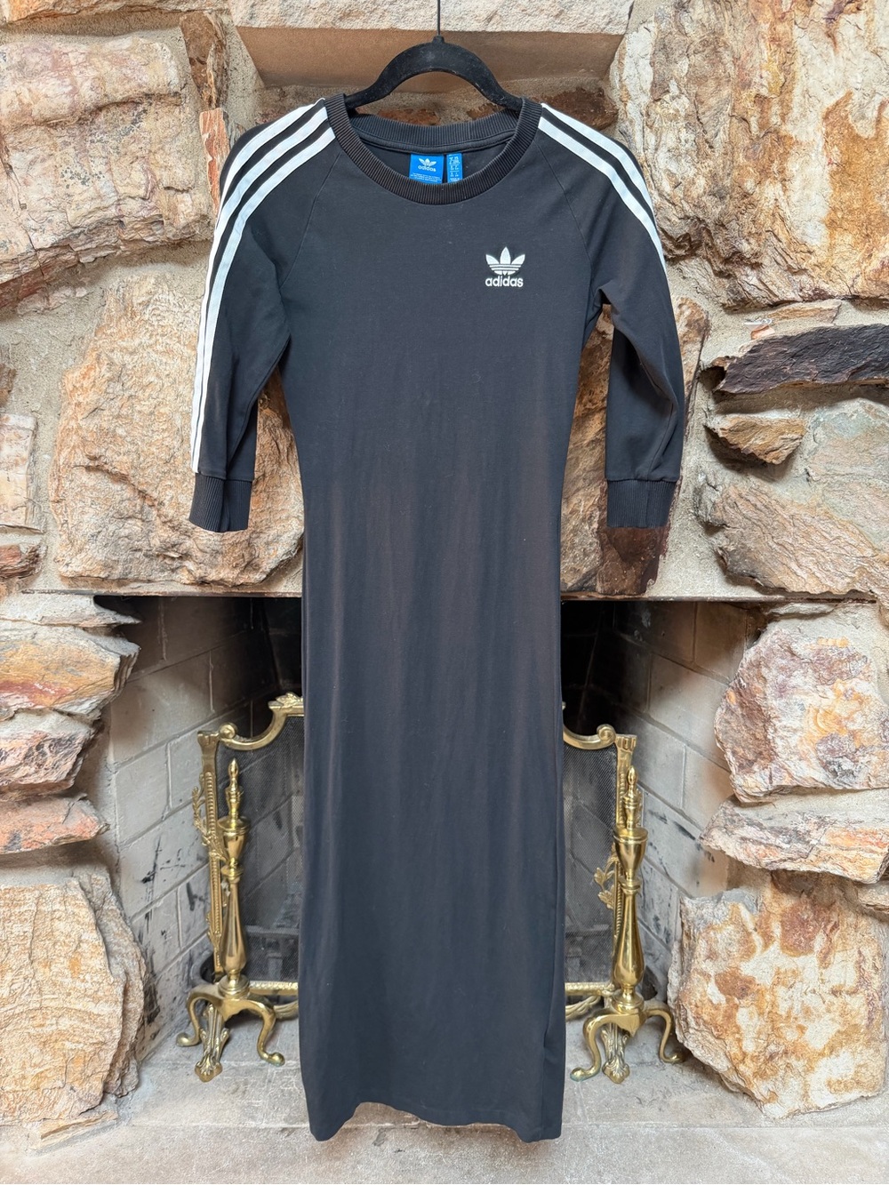 adidas Black Long Sleeve Girls Sport Maxi Dress with White Stripes